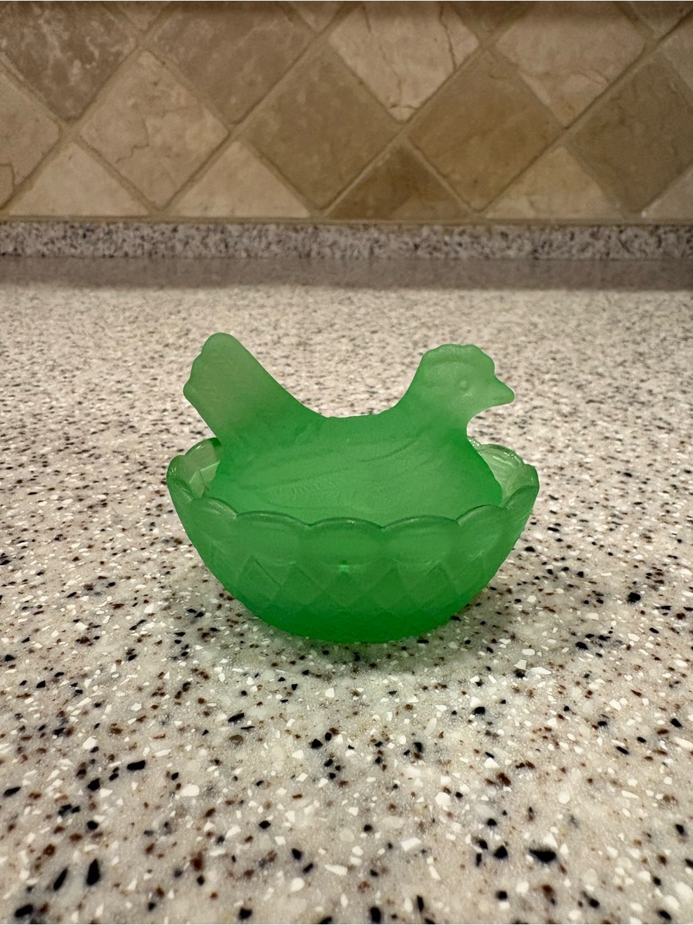 Stain frosted green glass miniature "Hen on Nest" - Not vintage